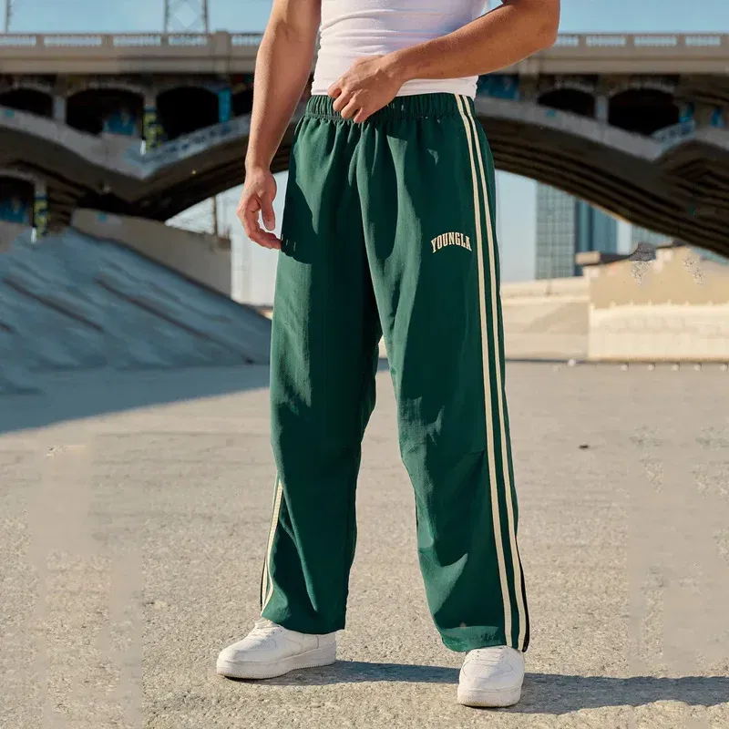 Color: Blue, Size: M - Jogger Men's Sweatpants Gym Sports Fitness Splicing Strips Printing Mid Waist Casual Pants Ya Fashion Men Clothing Wide Leg Pan