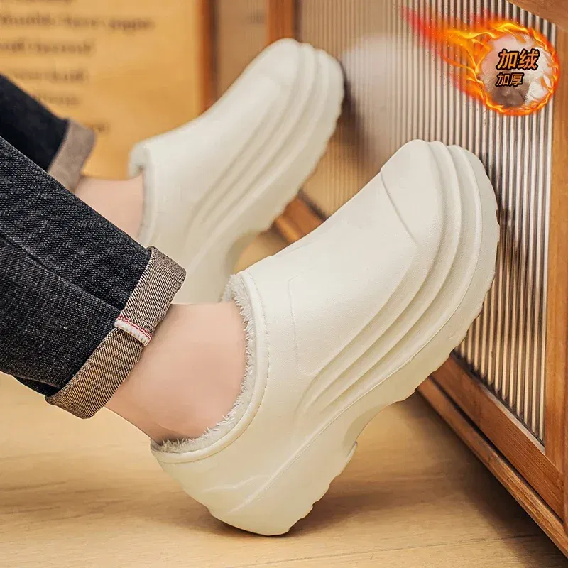 Color: black, Shoe Size: 43 - Eva Men's Chef Slippers Winter Slipper for Men Home Cotton Shoes Water Proof Anti-slip Keep Warm Height-increasing New Arrival