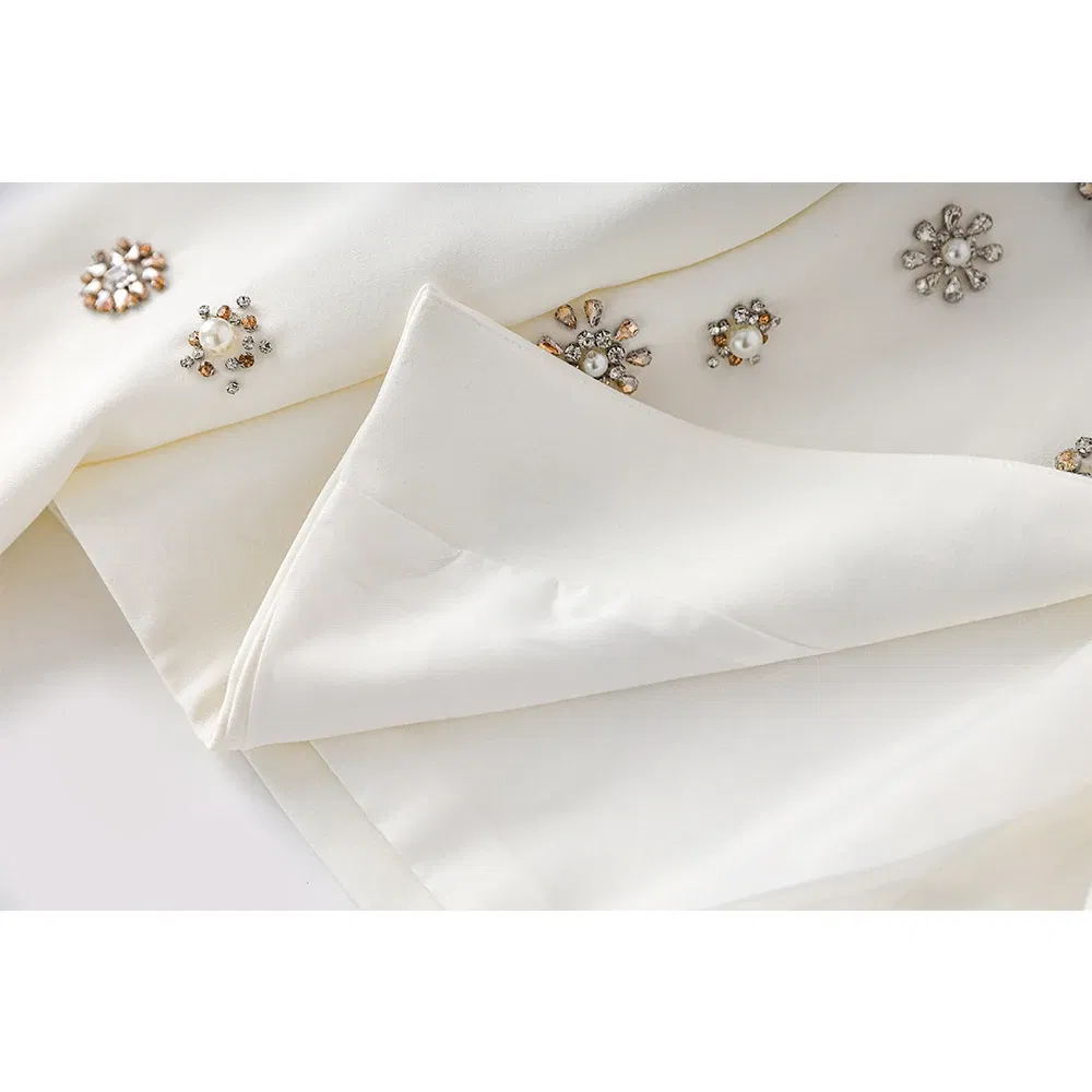 Color: WHITE, Size: S, Ships From: CHINA - Luxury Design Handmade Spark Rhinestone Women 2PCS Pants Suits Short Jacket Wide-leg Trousers High Street White Twin Sets
