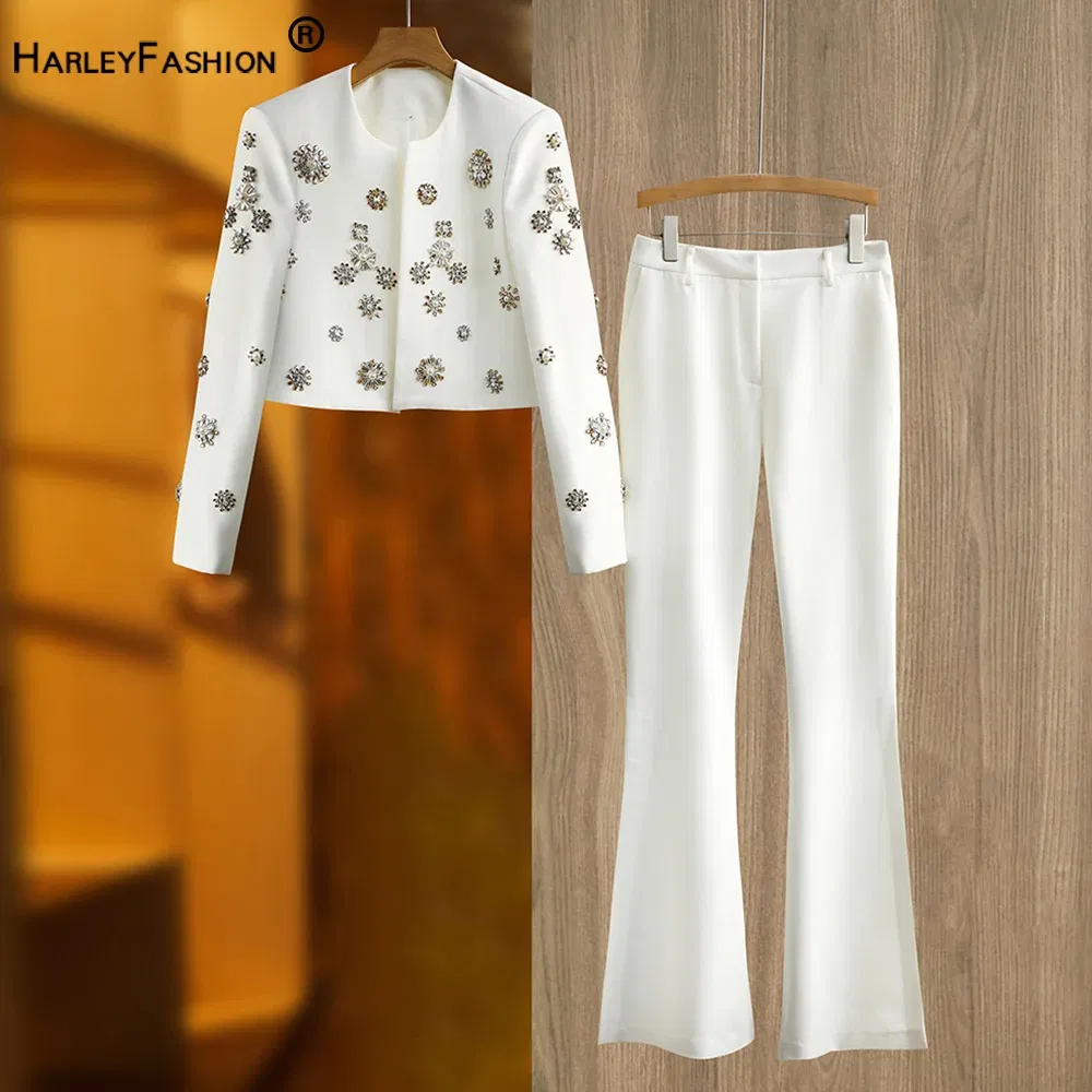 Color: WHITE, Size: S, Ships From: CHINA - Luxury Design Handmade Spark Rhinestone Women 2PCS Pants Suits Short Jacket Wide-leg Trousers High Street White Twin Sets