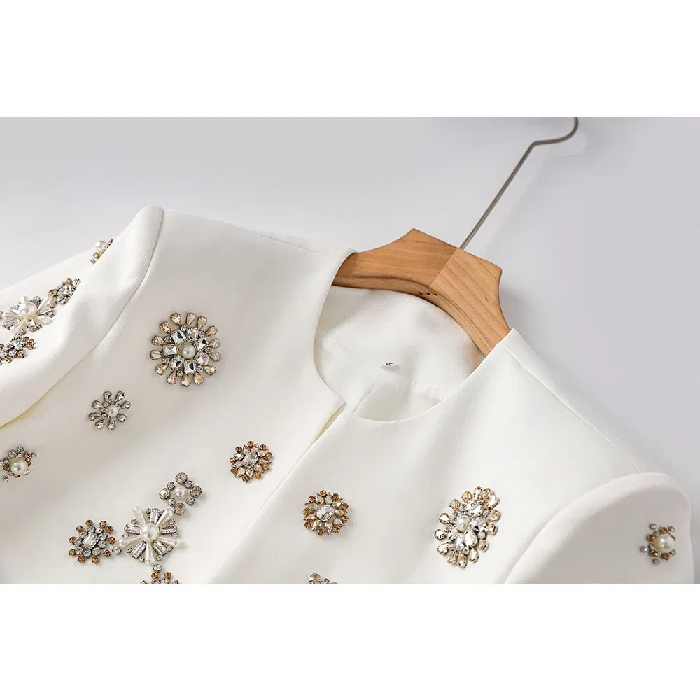 Color: WHITE, Size: S, Ships From: CHINA - Luxury Design Handmade Spark Rhinestone Women 2PCS Pants Suits Short Jacket Wide-leg Trousers High Street White Twin Sets