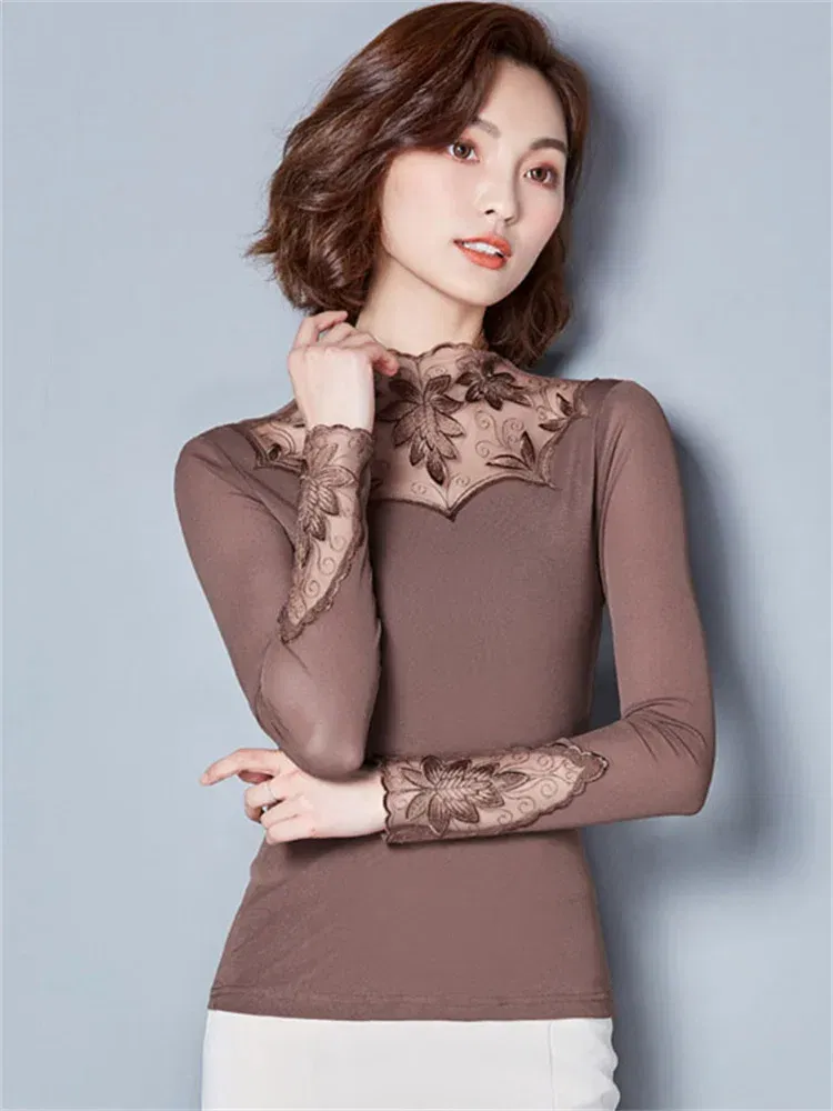 Color: Khaki, Size: XXXL - Hollow Out Women Spring Autumn Style Lace Blouses Shirts Casual Long Sleeve Patchwork Spliced Turtleneck Blusas Tops DF1491