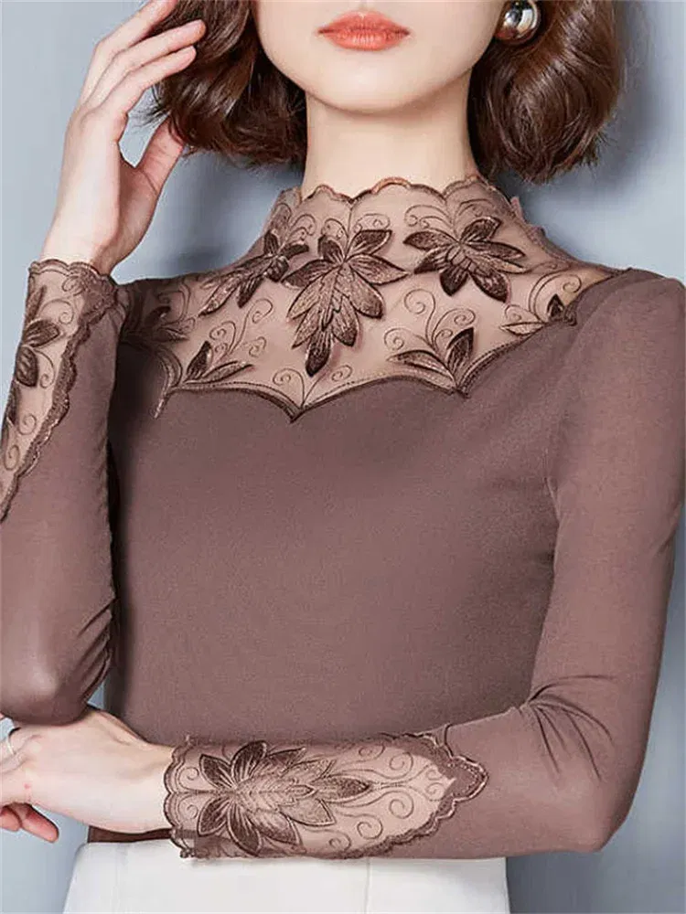 Color: Khaki, Size: XXXL - Hollow Out Women Spring Autumn Style Lace Blouses Shirts Casual Long Sleeve Patchwork Spliced Turtleneck Blusas Tops DF1491