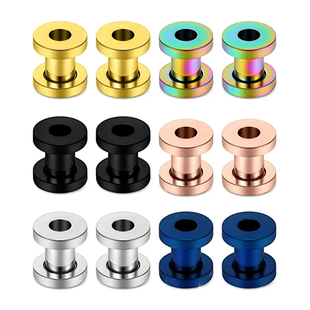 Metal color: Silver Plated, Main Stone Color: black - 2PCS Multi Color Steel Screw Fit Tunnel Ear Plug Stretcher Gauge 3-25mm Ear Lobe Tunnel Expander