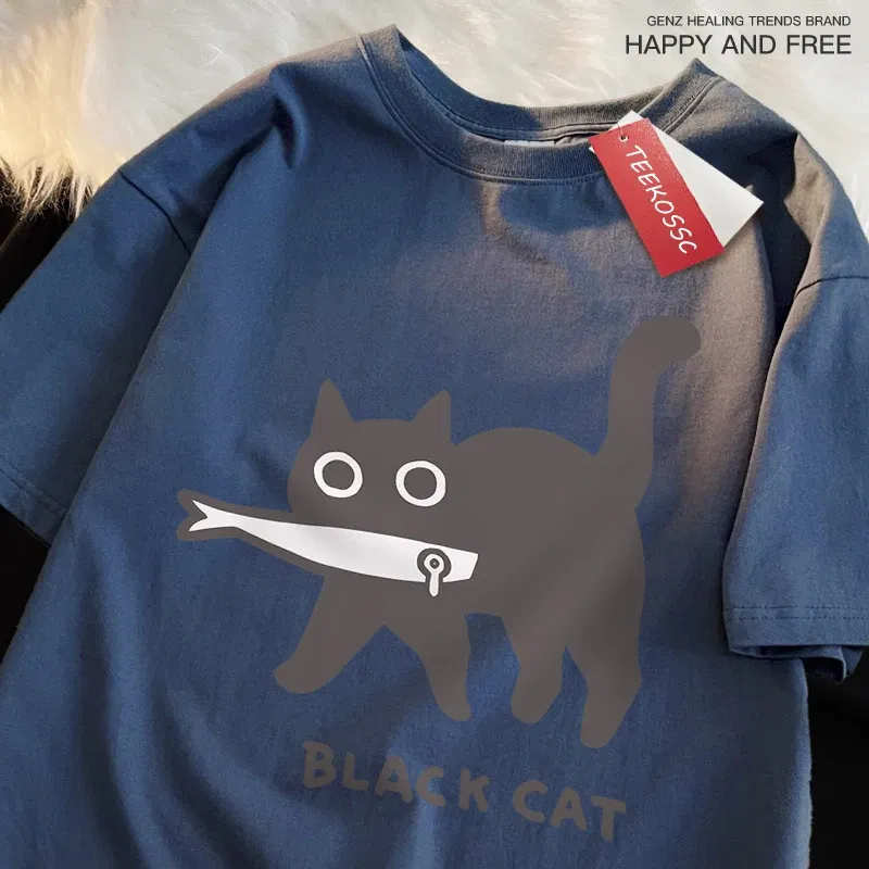 Color: Pink, Size: XL - Fun A Black Cat Eating Fish Japanese Style Men Women T-Shirt Fashion Print T Shirt Breathable Oversize T-Shirts Cotton Clothes