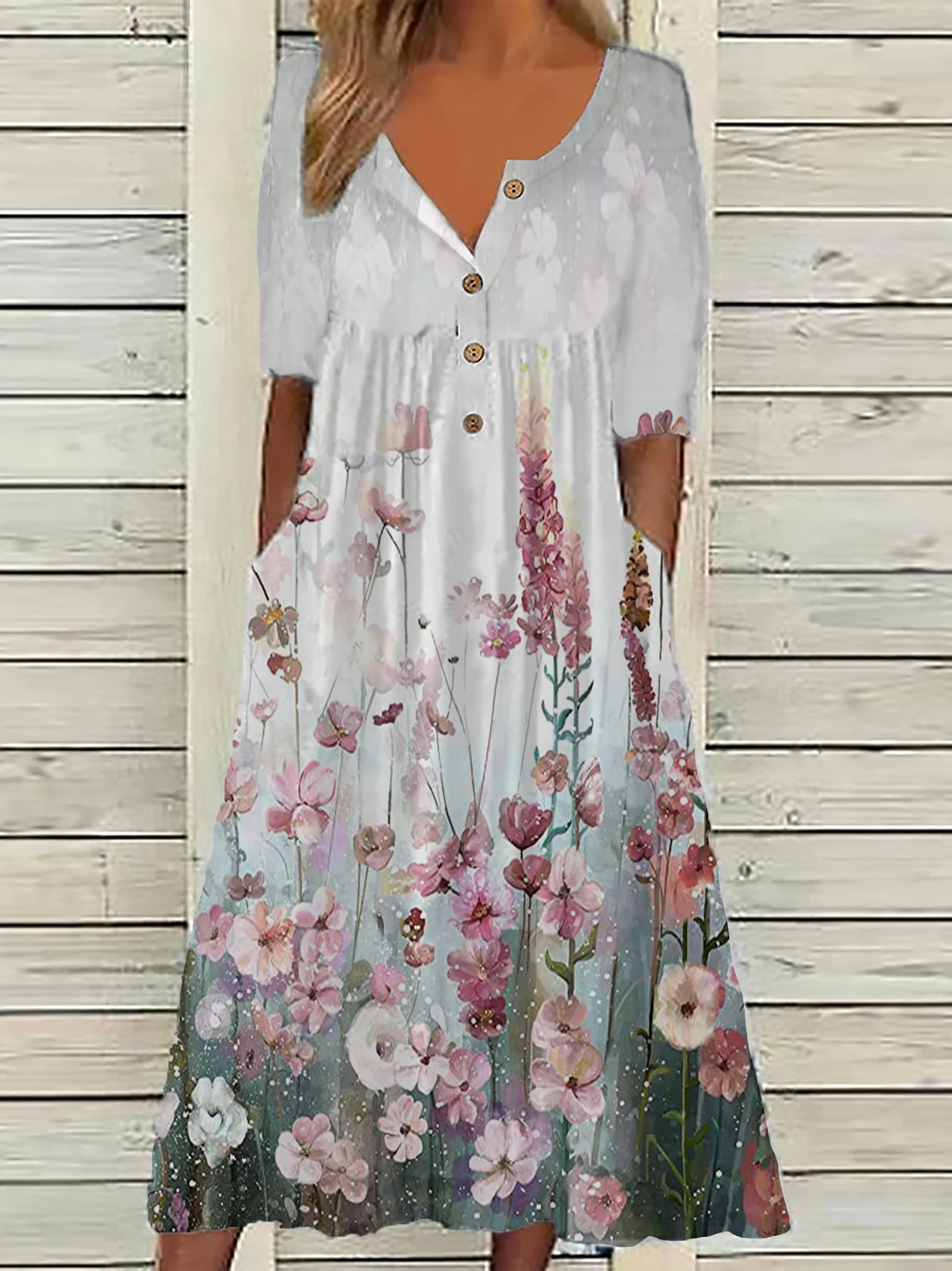 Color: Blue, Size: 4XL - 2024 Europe and the United States spring new fashion printed V-neck button short sleeve plus size women's size women's pocket