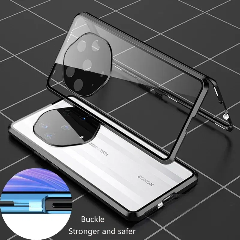 Color: black, Material: Silicon - Double Sided Glass Magnetic Metal Snap Lock Phone Case For Honor Magic 4 5 Ultimate 6 Lite 7 Pro Lens Protection Cover Cases