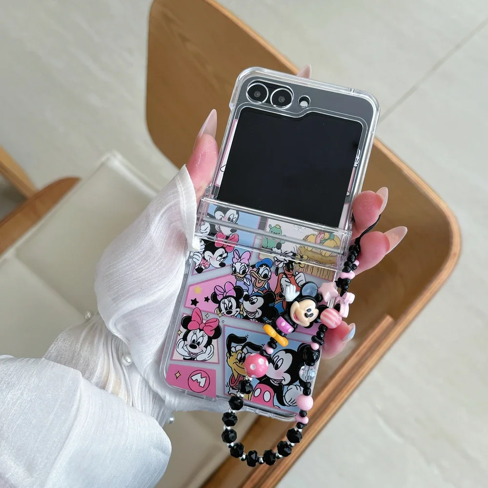 Material: CANVAS, Color: SKY BLUE - Cute Cartoon Disney Mickey Minnie Mouse Phone Case For Samsung Galaxy Z Flip 7 6 5 4 3 Stand Holder Case Hard Cover With Lanyard