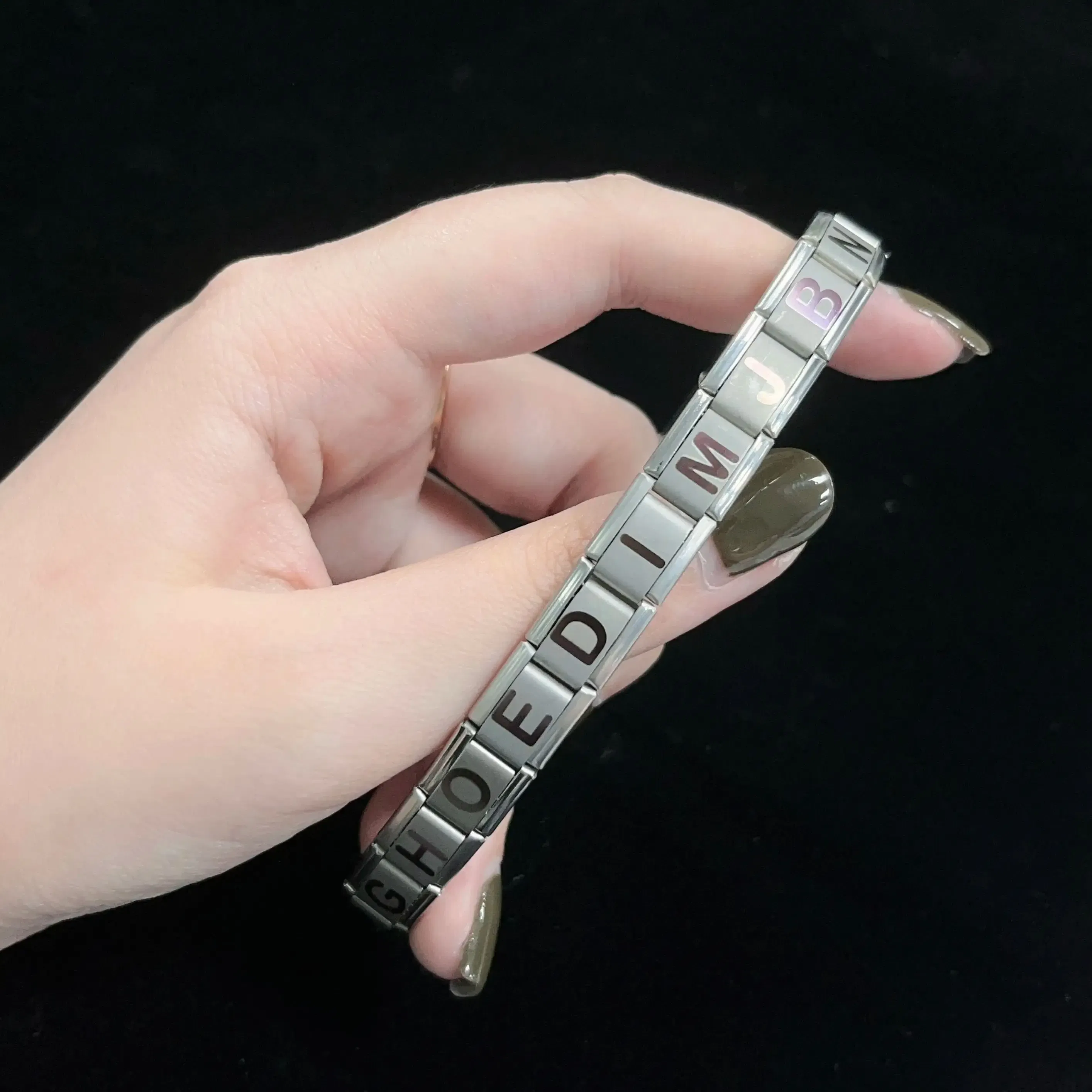 Metal Color: Titanium Plated, Main Stone Color: WHITE - New DIY Italian Charm 9mm Module Bracelet 26 English letter Stainless Steel Elastic Bracelets for Men and Women Gift