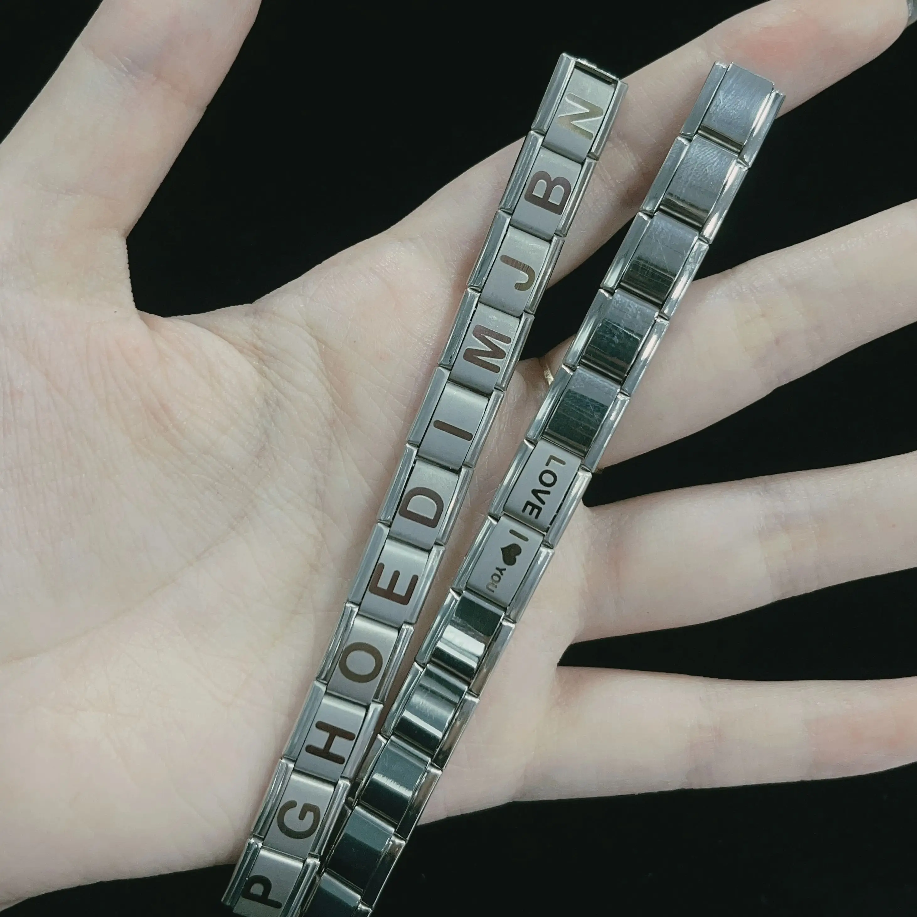Metal Color: Titanium Plated, Main Stone Color: WHITE - New DIY Italian Charm 9mm Module Bracelet 26 English letter Stainless Steel Elastic Bracelets for Men and Women Gift