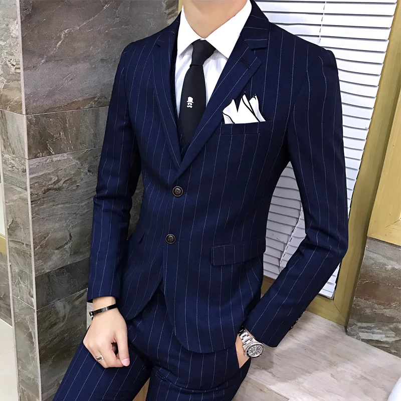 Color: WHITE, Size: 4XL - Gray Men Classic Striped/Checked Suits, Business Office 3 Piece, Asian Size Slim Fit Men Dress Jacket & Pants with Vest, S-4XL
