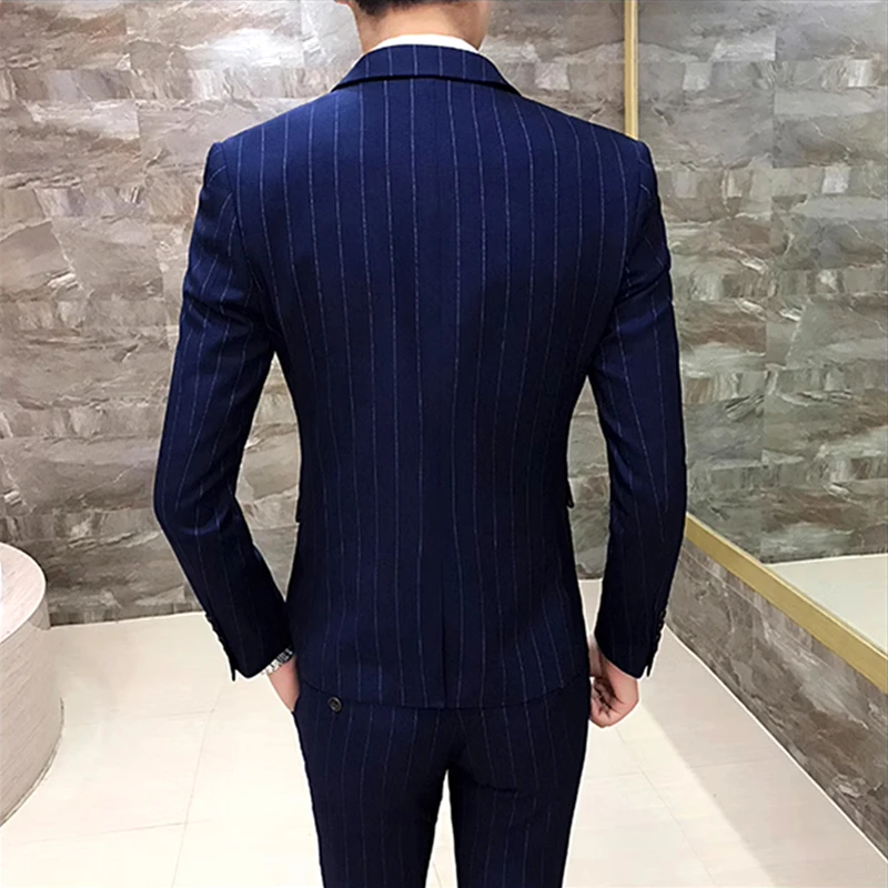 Color: WHITE, Size: 4XL - Gray Men Classic Striped/Checked Suits, Business Office 3 Piece, Asian Size Slim Fit Men Dress Jacket & Pants with Vest, S-4XL