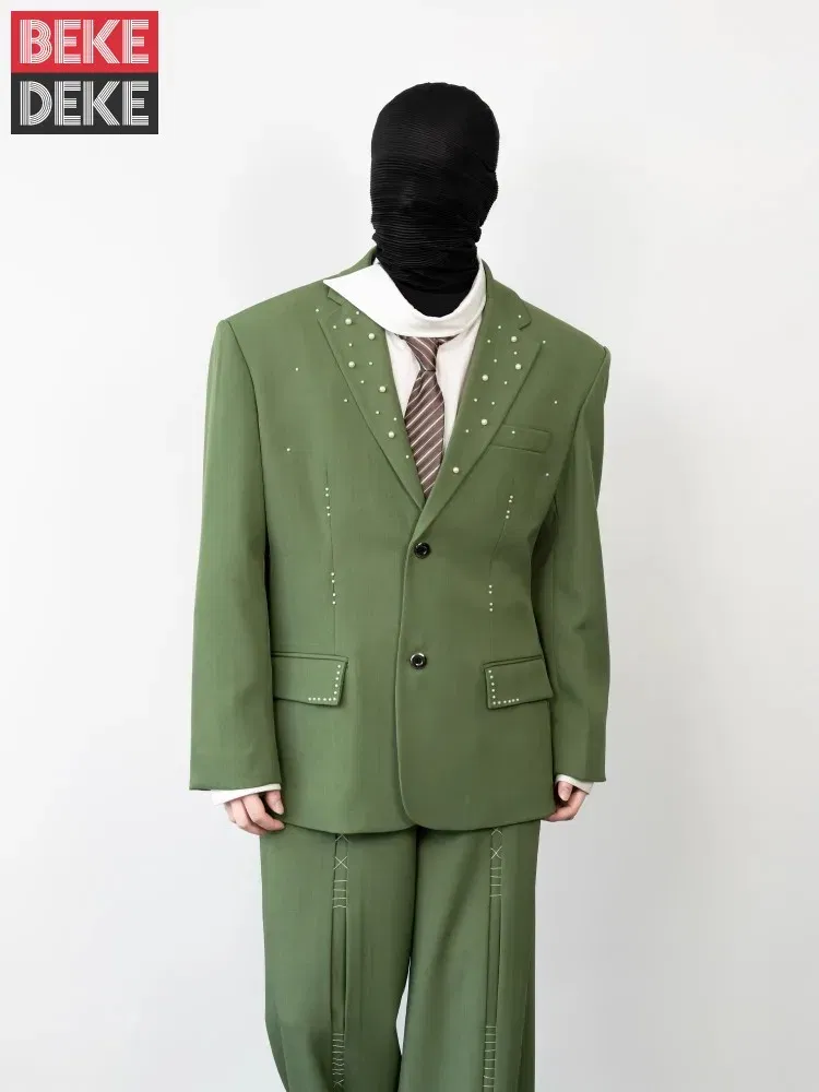 Color: green, Size: M - 2025 Hot Sale Mens Beads Design Spring Suits Casual Two Piece Set Loose Fit Fashion Match Set Outfit Hand Stitch Wide Leg Pants