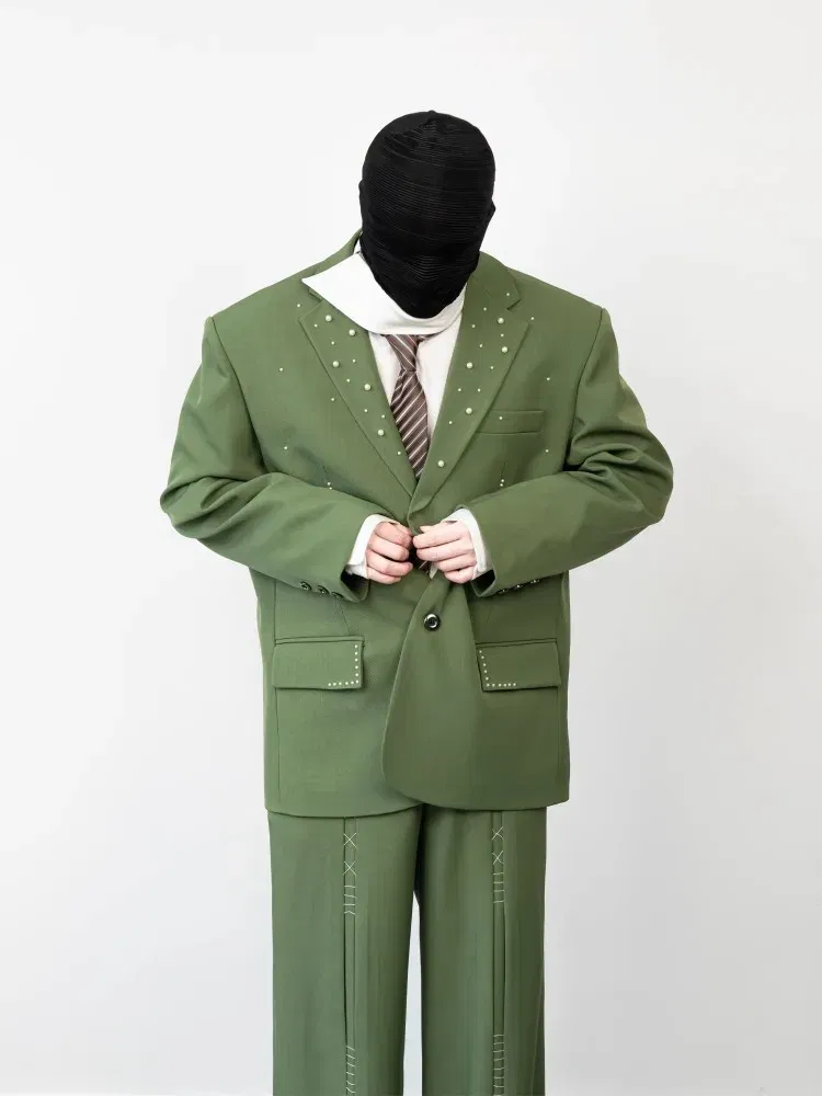 Color: green, Size: M - 2025 Hot Sale Mens Beads Design Spring Suits Casual Two Piece Set Loose Fit Fashion Match Set Outfit Hand Stitch Wide Leg Pants