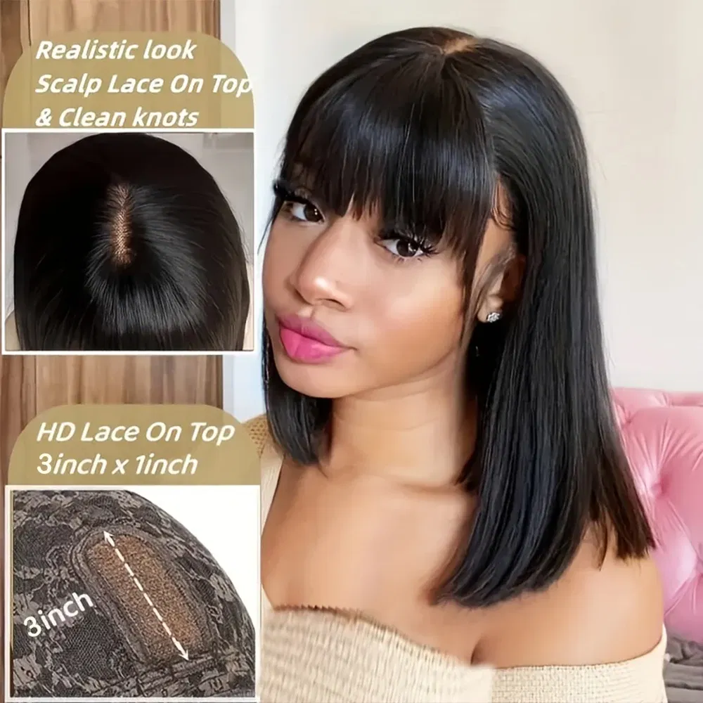 Stretched Length: 22INCHES, Lace Wig Type: 4*1, Density: 180%, Ships From: CHINA - 30 Inch 3X1 Middle Part Lace Human Hair Wig With Bangs For Women Straight Brazilian Wigs On Sale Cheap Fringe Short Bob Wigs