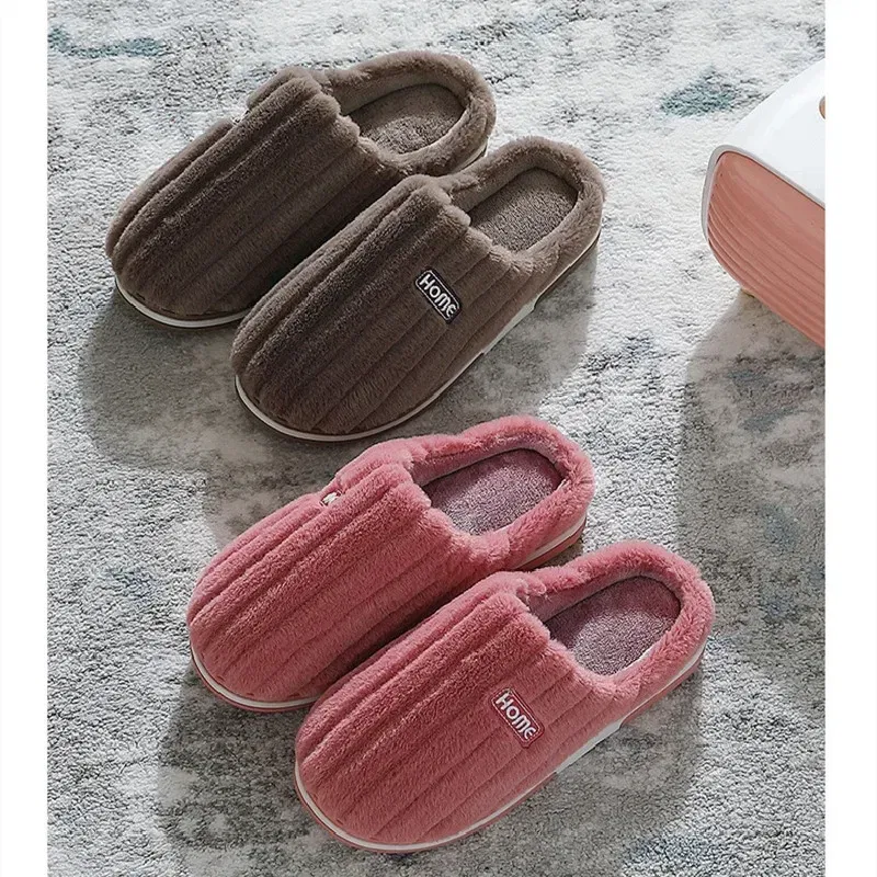 Color: GRAY, Shoe Size: 40-41 - New Men Big Size 48 49 Winter Warm Slippers Women Soft Plush Furry Shoes Casual Flats Home Couples Bedroom Anti-Slip Slides