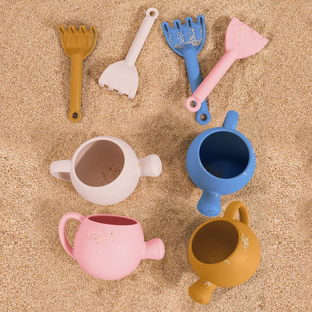 Color: light yellow - Summer Beach Toys Sand playing tools Soft Silicone Watering Pot Rake Set Play Sand Bucket Shovels Suitable for children outdoors