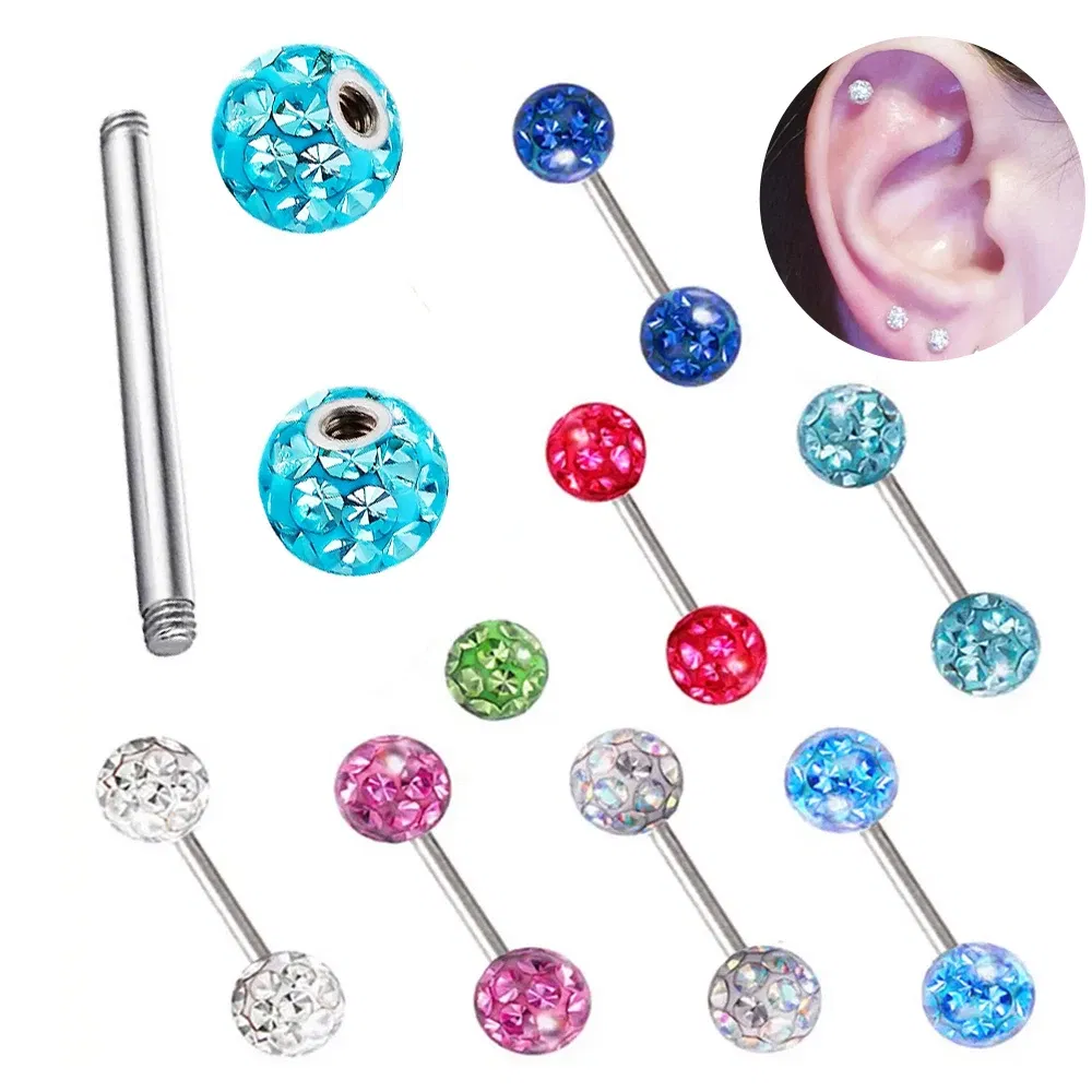 Metal color: BRASS PLATED, Main Stone Color: green - 16g 1.2mm Coated Crystal Steel Ear Stud Tragus Helix Cartilage 3/4/5mm CZ Ball 6/8/10/12/14mm Bar Barbell Piercing