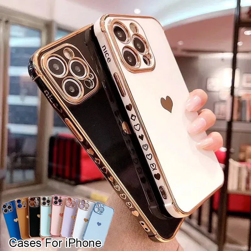 Color: green, Compatible-Phone Models: For iPhone 14, Ships From: CN - Electroplating Side Love Heart Phone Case For IPhone 17 16 15 14 13 12 11 Pro Max XR 8 Plus SE2/SE3 Shockproof Back Cover