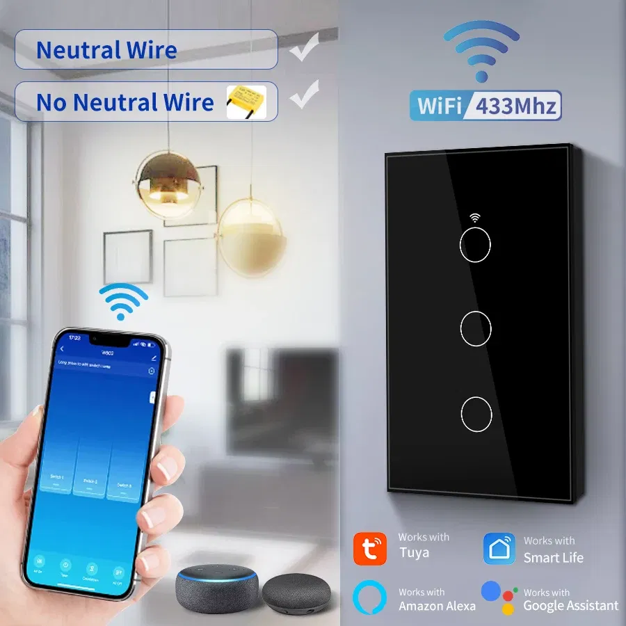 Color: Brown, Size: 4XL - Tuya Smart Wifi Touch Switch Neutral Wire/No Neutral Wire Required US 1/2/3/4 Gang Light Switch For Alexa Google Home Alice