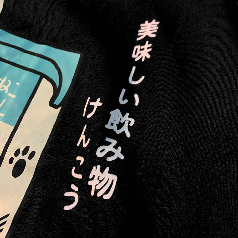 Color: black, Size: M - Cute Japanese Cat Print Oversized T-shirt men Women Short Sleeve Loose Casual Tee Shirt Streetwear Tops Cotton Harajuku Clothing