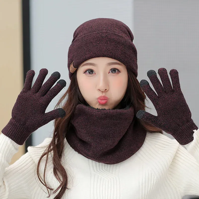 Color: plum, Size: One Size - 3 Pieces/Set Winter Women Hats Scarves Gloves Kit Fashion Knitted Plus Velvet Hat Scarf Set For Male Female Beanies Scarf Gloves