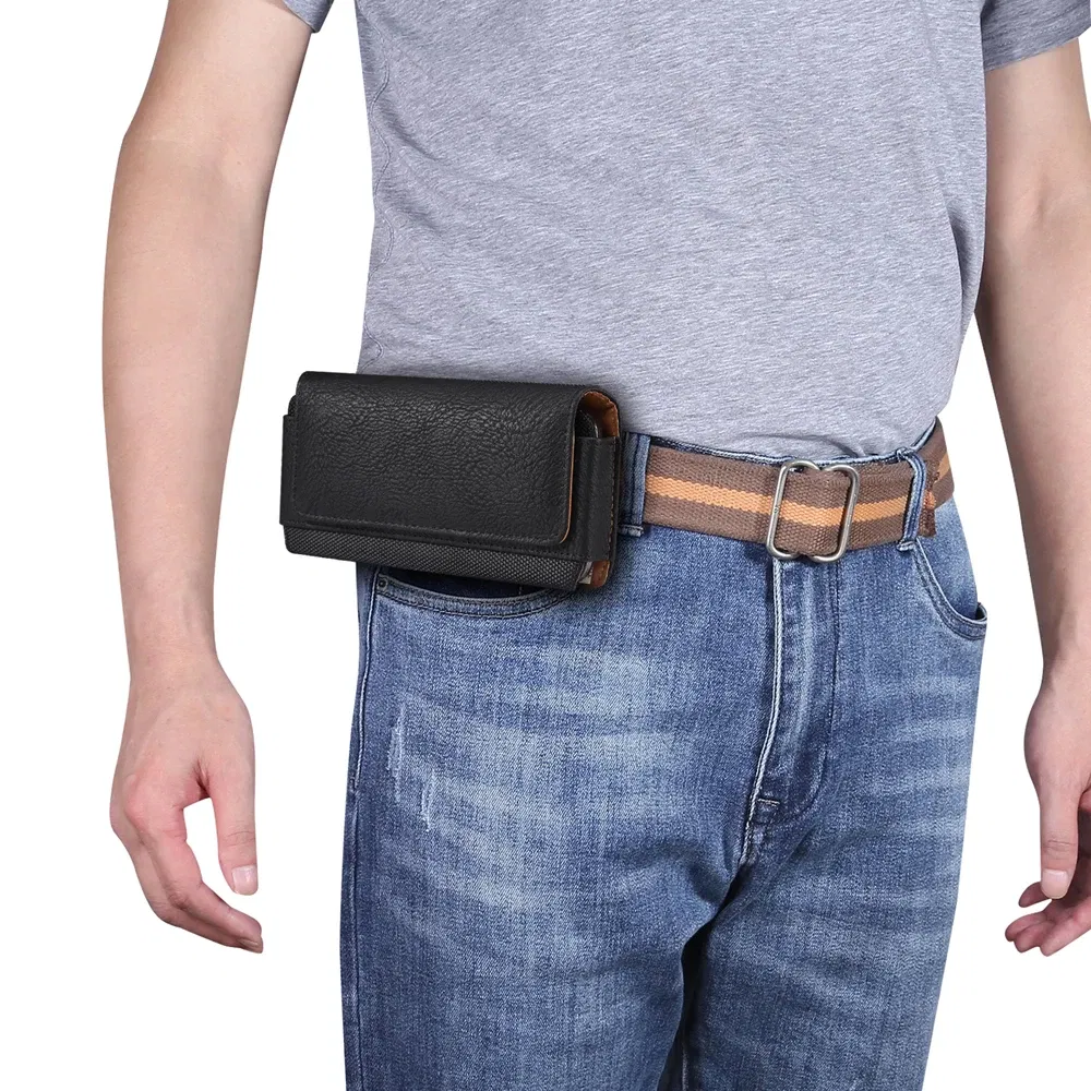 Color: black, Material: aluminum - Universal Leather Men Waist Bag For iPhone 15 14 13 12 Pro Max Samsung Galaxy S23 S22 Huawei Xiaomi Mobile Phone Belt Clip Cases