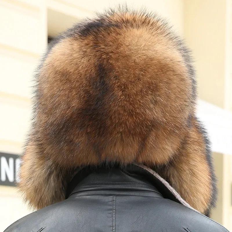 Color: PURPLE, Hat Size: 57 - 2025 Winter 100% Real Silver Fox Fur Bomber Hat Raccoon Fur Ushanka Cap Trapper Russian Men's Ski Hats Caps