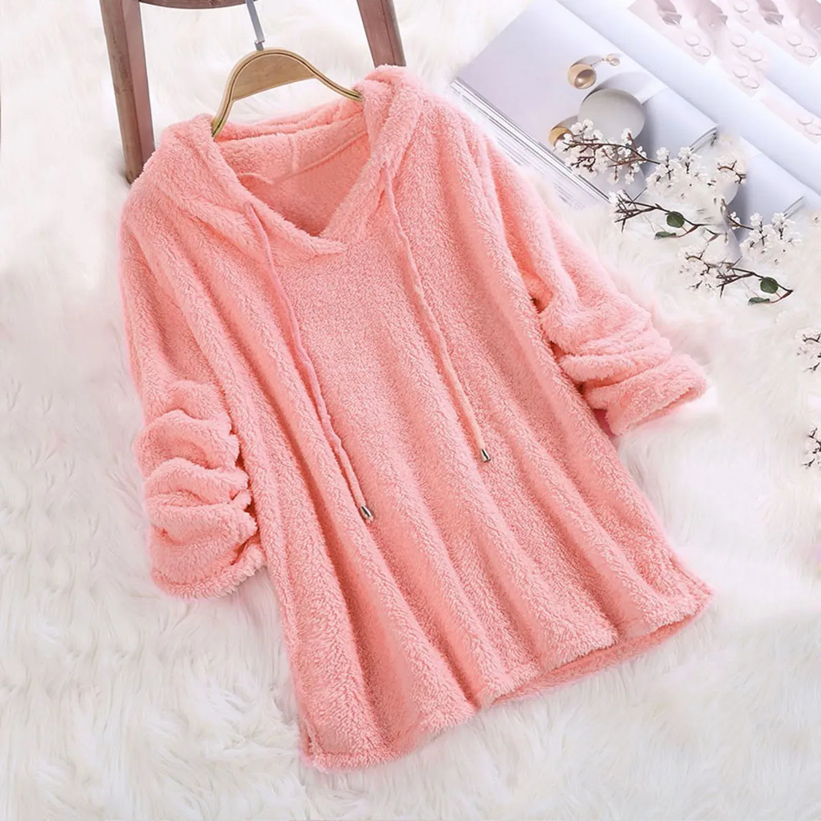 Color: WHITE, Size: M, Ships From: CN - Women's Winter Casual Solid Color Plush Hooded Long Sleeve Pullover Thick Warm Fluffy Sweatshirts Blouse Oversized Loose Tops