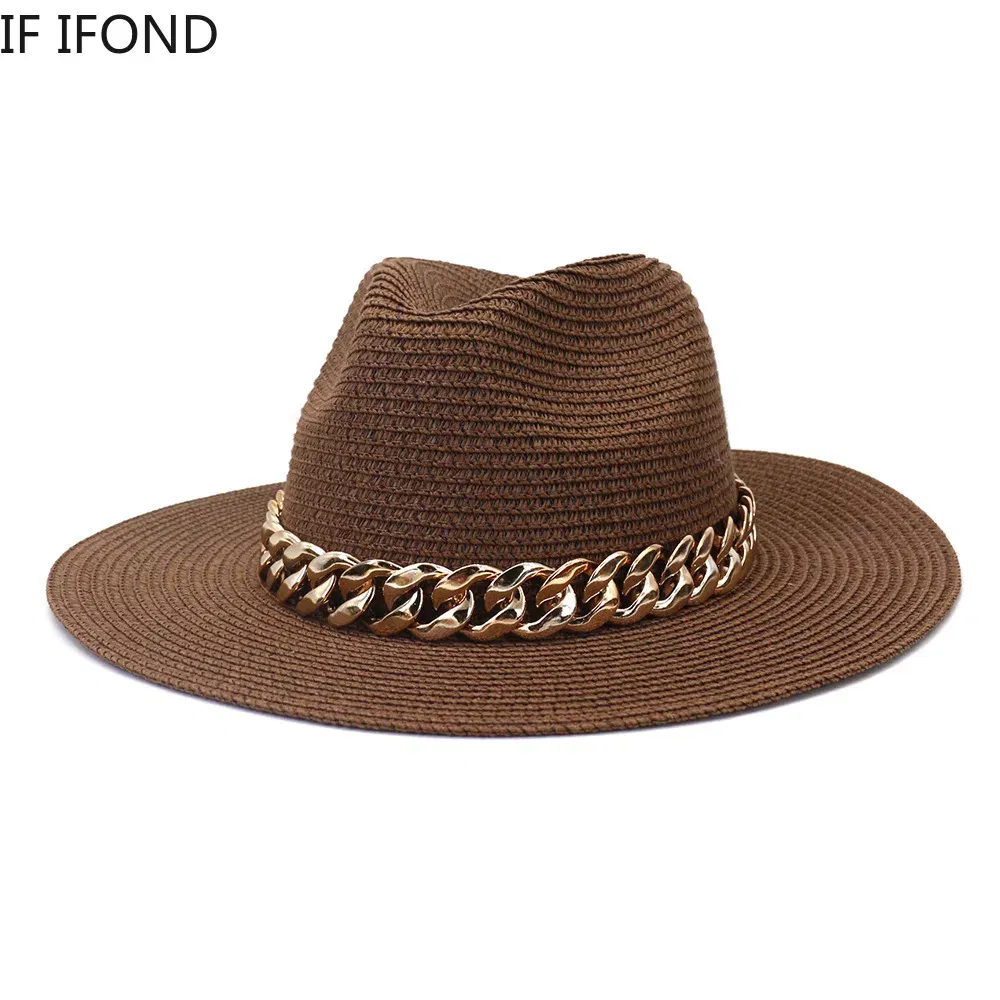 Color: Brown, Size: L - Fashion Gold Chain Belt Panama Straw Hats For Women Summer Breathable Beach Sun Hats Elegant Ladies Party Jazz Hat