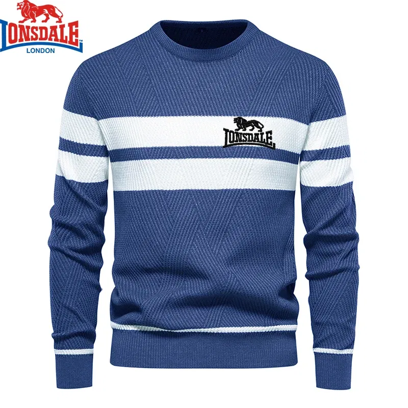 Color: Blue, Size: XL - Embroidered LONSDALE Mens Boys Winter Stripe Sweater Thick Warm Pullovers Men's O-neck Basic Casual Slim Comfortable Sweaters