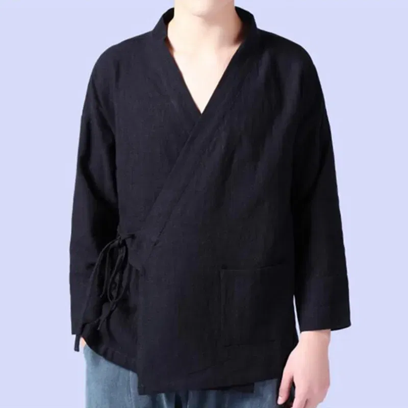 Color: WHITE, Size: L - Plus Size M-6XL Pure Color Men's Tops 2024 New Cotton Linen Oblique Placket Long Sleeve Linen Hanfu chinese Clothing  Kimono