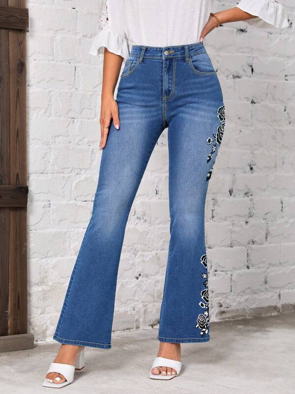 Women's Floral Embroidered Stretch Flared Jeans