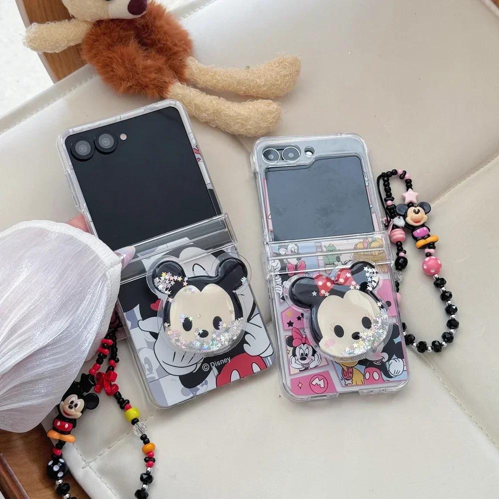 Material: ABS, Color: black - Cute Cartoon Disney Mickey Minnie Mouse Phone Case For Samsung Galaxy Z Flip 7 6 5 4 3 Stand Holder Case Hard Cover With Lanyard