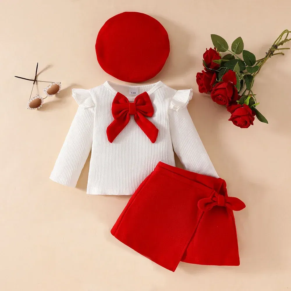 Color: WHITE, Kid Size: 5t - Baby Girls Clothes New Year Set 0-3Y Long Sleeve Big Bow Top Irregular Skirt and Beret 3Pcs Toddler Christmas Clothes