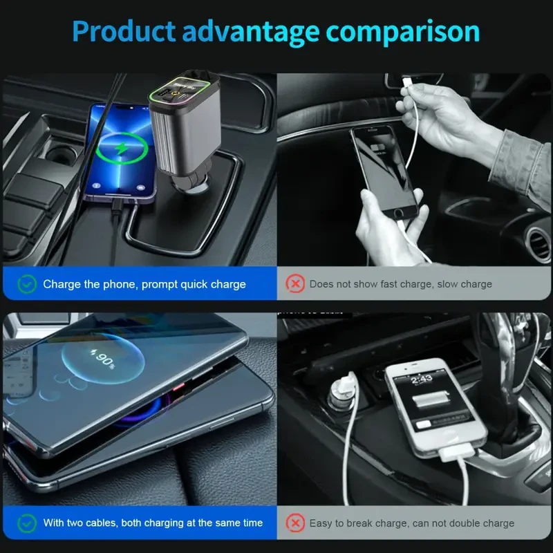 W&O 4-in-1 Retractable Car Charger  High-Power Adapter with USB & Type-C Ports