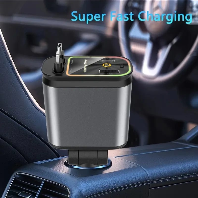 W&O 4-in-1 Retractable Car Charger  High-Power Adapter with USB & Type-C Ports