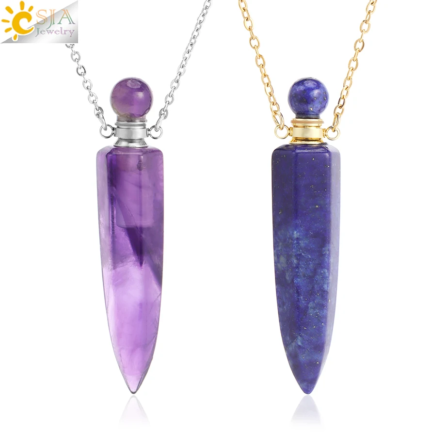 Metal color: Blue Zinc Plated - CSJA Crystal Perfume Bottle Women Necklace Natural Stone Hexagonal Cone Pendant Reiki Oil Diffuser Necklaces Christmas Gift H358