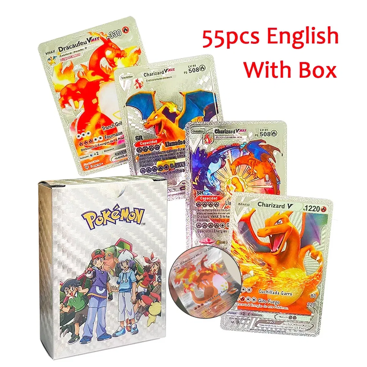 Color: VIOLET/?«?—?…° - 55PCS Pokemon Colorful Gold Foil Card Charizard Pikachu Arceus Diamond Rainbow English French German Spanish VSTAR GX VMAX Cards