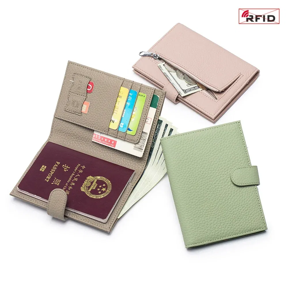 Color: wine red - Genuine Leather RFID Travel Passport Cover Case Wallet Bag Card Holder Cowhide Coin Purse Document Cover Flight Men Women