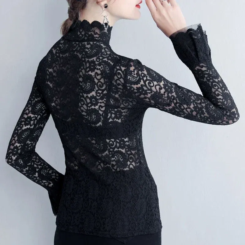 Color: black, Size: XXL - Sexy Transparent Long Sleeve Top Women 2025 Fashion Autumn Winter Basic Lace Blouses White Black Hollow Blusas Mujer Oversized