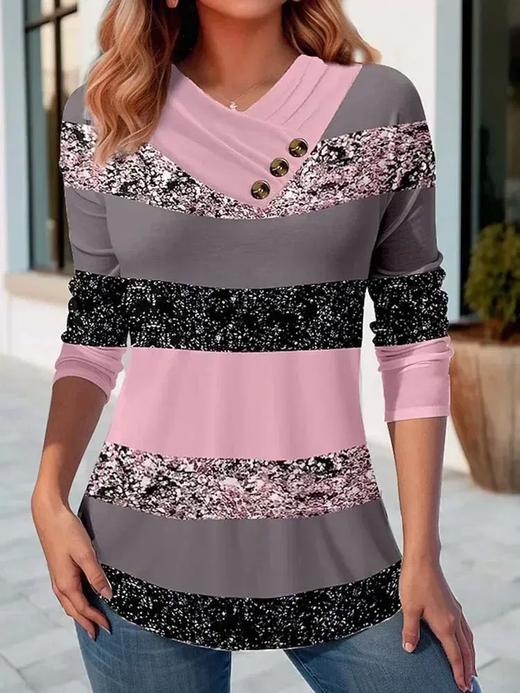 Color: Blue, Size: M - Autumn Striped Color Pullover Sweater Women Casual Fashion Slim Tees T-Shirt Long Sleeve v Neck Button Ladies Tops Blouse