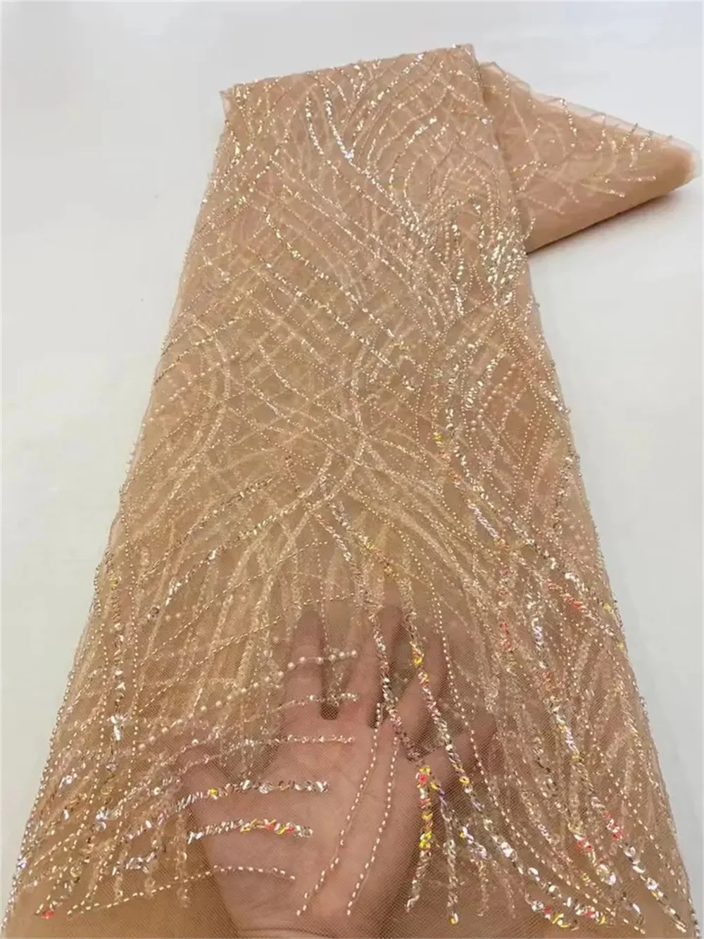 Color: WHITE, Length: 5 yards, Width: 120cm - Luxury African Sequins Beaded Lace Fabric 2025 High Quality Groom Nigerian Wedding Bridal Embroidery French Tulle Sewing