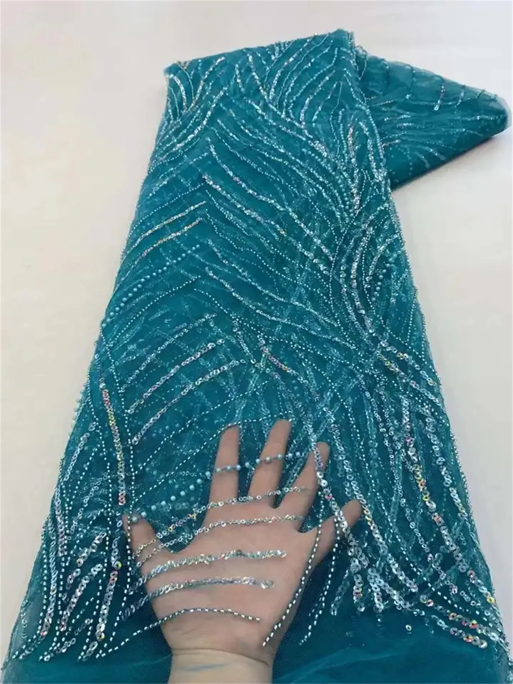 Color: WHITE, Length: 5 yards, Width: 120cm - Luxury African Sequins Beaded Lace Fabric 2025 High Quality Groom Nigerian Wedding Bridal Embroidery French Tulle Sewing