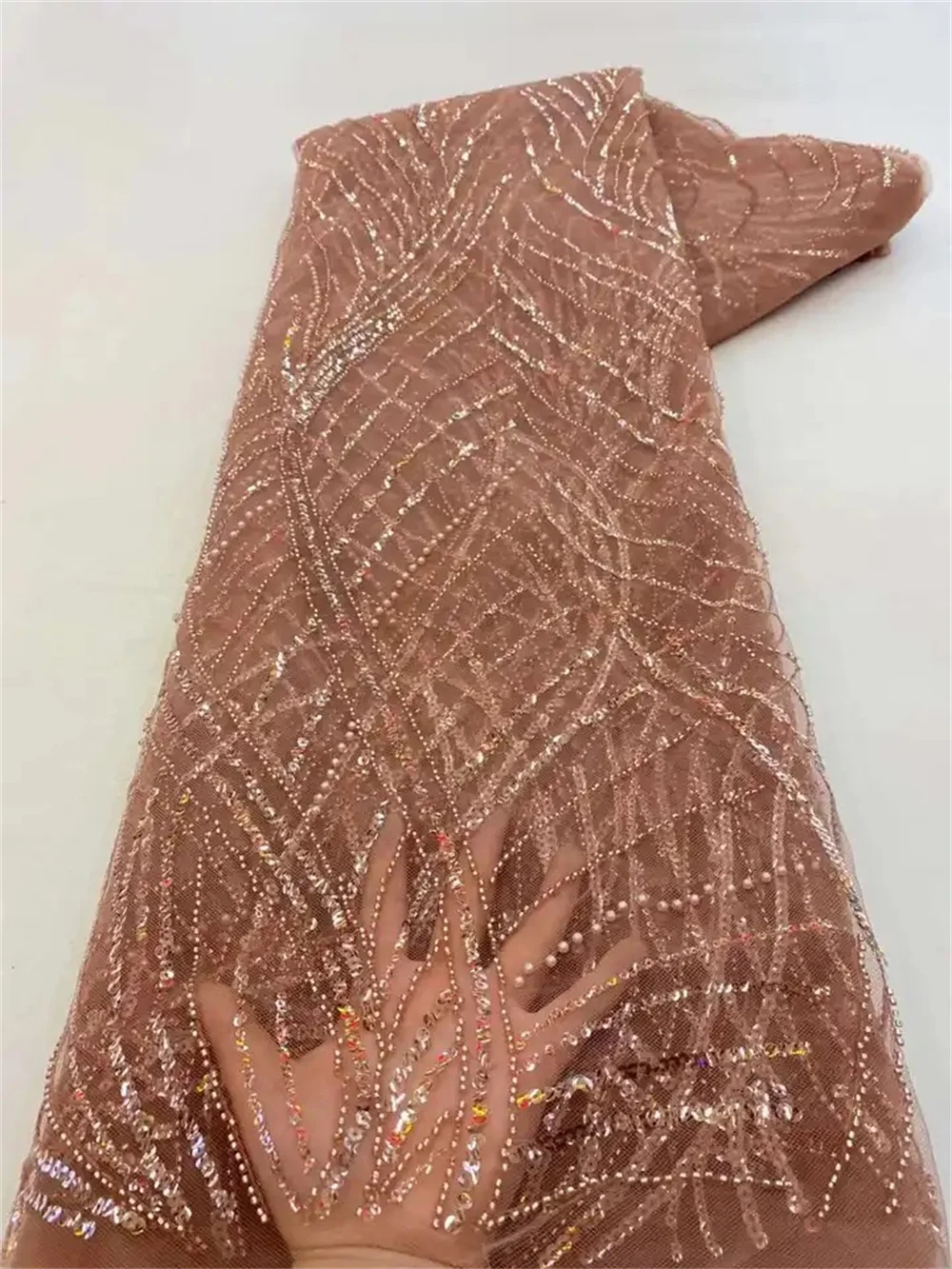 Color: WHITE, Length: 5 yards, Width: 120cm - Luxury African Sequins Beaded Lace Fabric 2025 High Quality Groom Nigerian Wedding Bridal Embroidery French Tulle Sewing