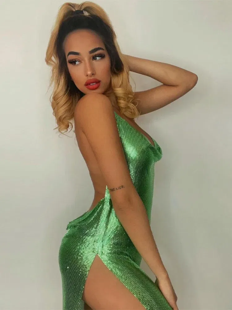 Color: Silver, Size: M - Sexy and Fashionable Women's Elegant Short Dress with Hanging Neck Backless Bottom Chest Sequin Party Girl Dance Dress
