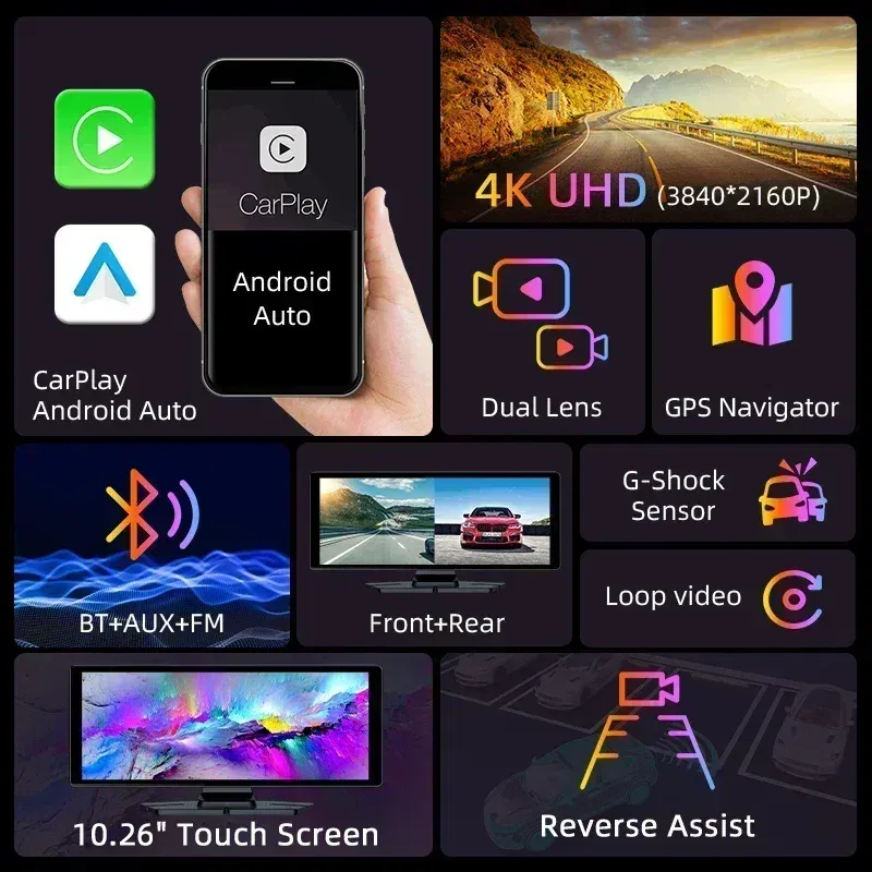 Color: Blue, Ships From: CHINA - Universal 10.26" Portable Carplay Car Screen Wireless Carplay Screen Wireless Car Stereo Carplay Android Auto Car Touchscreen