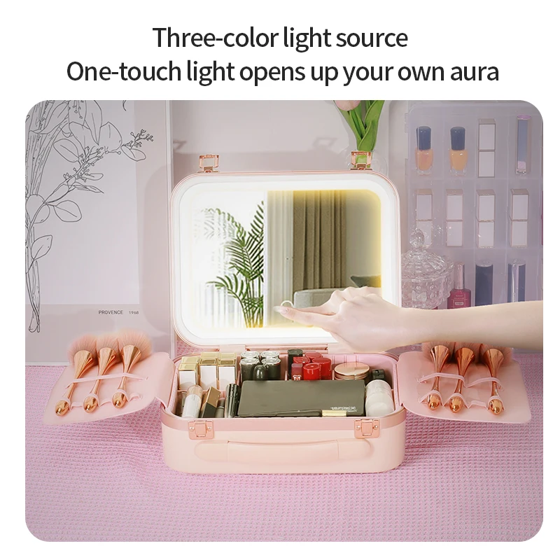 Color: black - Women Skin Care Travel Storage Box Fashion Portable Makeup Bags Large Capacity Cosmetic Case with LED Mirror