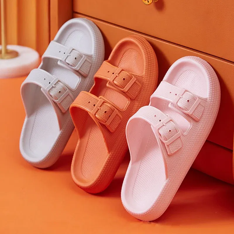 Color: Khaki, Shoe Size: 38-39 - Fashion Buckle Thick Platform Slippers Women Home Soft Sole eva Cloud Slides Sandals Woman 2025 Summer Non Slip Beach Flip Flops