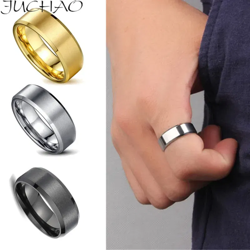 Main Stone Color: Gold, Ring Size: 8 - JUCHAO Classic Ring Men Titanium Black Men Jewelry Wedding Bands Boyfriend Gift Dropshipping